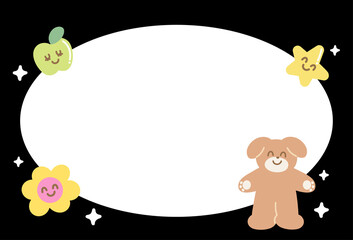 Cute black frame with teddy bear, apple, star, flower for polaroid frame, animal, zoo, social media, poster, post card, rectangle ad template, book cover, sticky note, paper design, banner, name tag