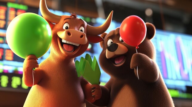 Energetic bull and cautious bear celebrate stock market trends with balloons in vibrant financial trading scene, boosting investor enthusiasm.