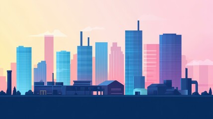 Naklejka premium A factory silhouette against towering skyscrapers, perfect for banners, websites, or flyers, showcasing urban growth and innovation.