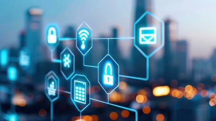 A vibrant city skyline adorned with digital icons, symbolizing the fusion of global business and modern technology.