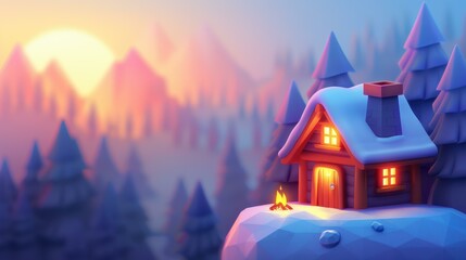 Obraz premium Embrace comfort in this cozy house at dusk, surrounded by serene beauty and a breathtaking sunset backdrop.