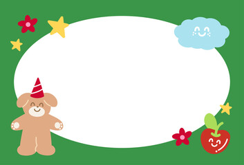 Naklejka premium Christmas and New Year green frame with puppy, party hat, star, cloud for festive decoration, polaroid frame, banner, backdrop, background, winter season, animal, pet shop, vet, post card, dog cartoon