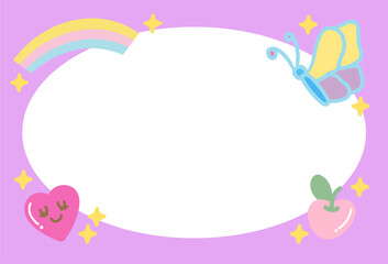 Cute purple frame with butterfly, rainbow, cherry, heart for polaroid frame, animal, social media, post card, rectangle ad template, sticky note, banner, name tag, spring, summer, blossom, Pride Month