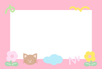 Cute pink frame with cat, flower, cloud for polaroid frame, animal, pet shop, vet, social media, post card, rectangle template, sticky note, banner, name tag, spring, summer, blossom, kitten cartoon