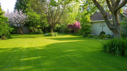 A neatly trimmed lawn with vibrant green grass, perfect for a summer background