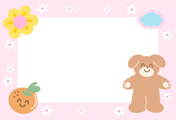 Cute pastel pink frame with puppy, orange, flowers for polaroid frame, animal, pet shop, vet, social media, post card, rectangle template, sticky note, banner, name tag, spring, summer, dog cartoon