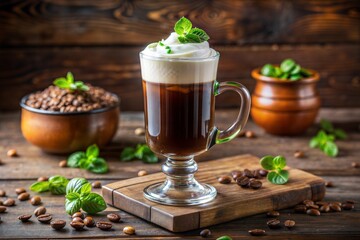 Irish coffee with whipped cream and mint on wooden table