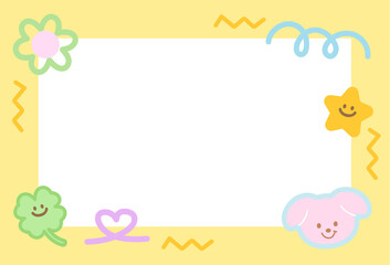 Cute yellow frame with puppy, heart, flower, clover leaf, star for polaroid frame, animal, pet shop, social media, post card, rectangle ad template, sticky note, banner, name tag, pet shop, vet, luck