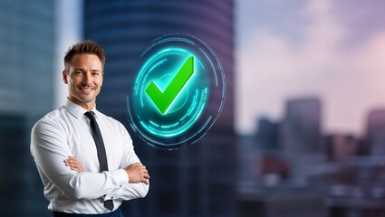 A confident businessman poses with a virtual checkmark, exuding success.