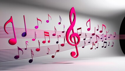 Colorful musical notes float across a gradient backdrop in a dynamic, rhythmic display.