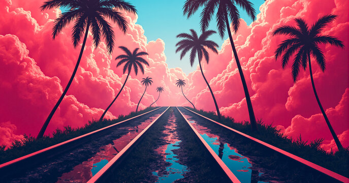 A surreal scene of tall palm trees lining a reflective railway track, leading into vibrant pink clouds and a bright blue sky, creating a tropical yet dreamlike atmosphere. Generative AI