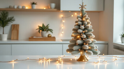A Christmas tree decorated with warm Christmas lights stands on a kitchen table. Minimalistic style. 