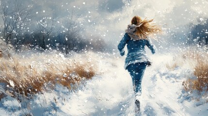 Back view of a woman running in snow, winter landscape