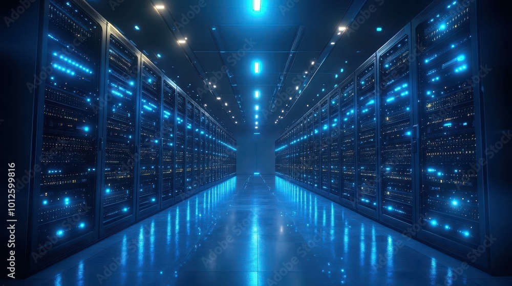 Wall mural experience a modern data center buzzing with bright blue lights, server racks, and the future of dat