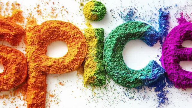 Colorful Powder Transforms into Word "SPICE" on White Background