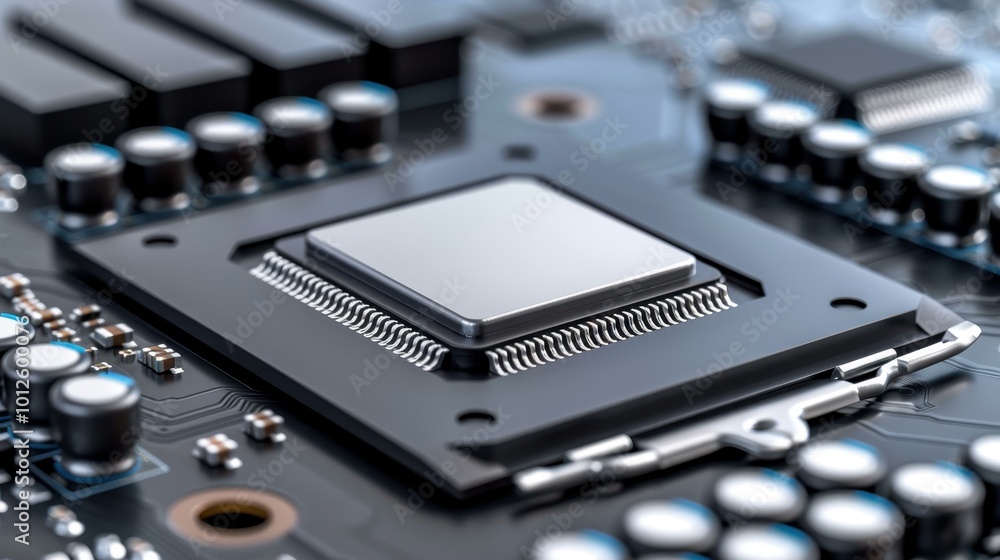 Poster a closeup view of a black motherboard featuring a central processor chip, highlighting advanced comp