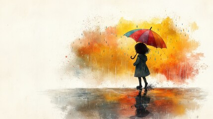 A minimal cartoon of a child jumping in a puddle with a colorful umbrella, raindrops falling softly in watercolor on a textured parchment backdrop 