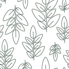 Vector seamless pattern of many big contour green leaves. Simple linear botanical print. Editable outline plant icon. Cute floral art for cosmetics packaging design, elegant spring cloth, natural card