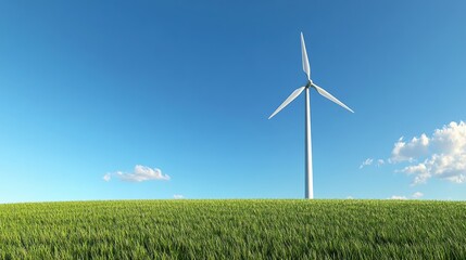 Fototapeta premium Wind turbine harnessing renewable energy in a green field against a clear blue sky, symbolizing sustainable power solutions.