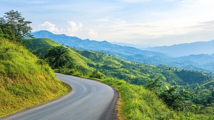 Naklejka premium An asphalt road curving gently through lush green mountains, under a clear sky with light, wispy clouds on a sunny day.