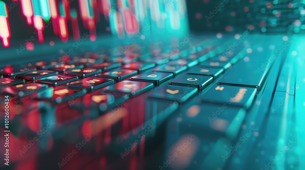 Poster a vibrant double exposure blending holographic financial graphs with a sleek computer keyboard, symb