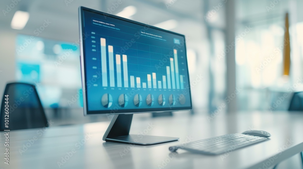 Aufkleber a sleek monitor shows graphs and charts with a busy office backdrop, representing key insights in bu