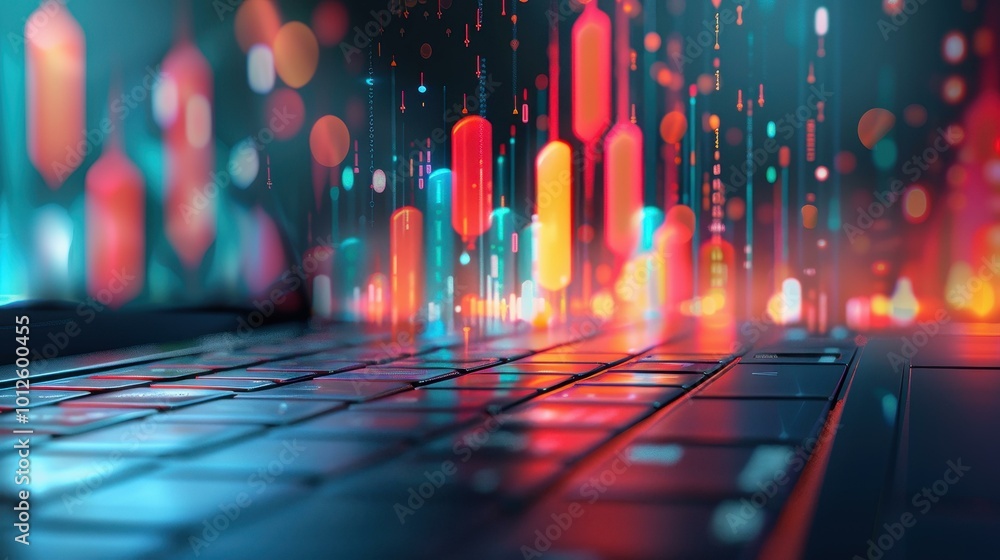 Poster a vibrant double exposure blending holographic financial graphs with a sleek computer keyboard, symb