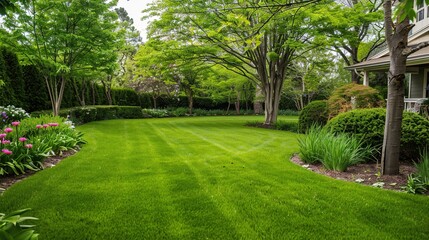 A neatly trimmed lawn with vibrant green grass, perfect for a summer background
