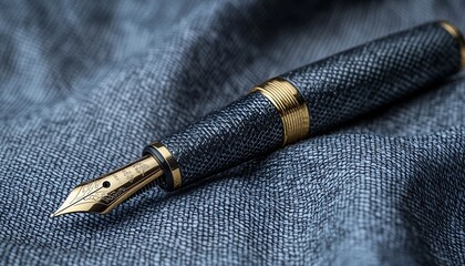 Elegant Fountain Pen on Sophisticated Gray Cloth with Artistic Reflection - Luxury Writing Instrument Concept