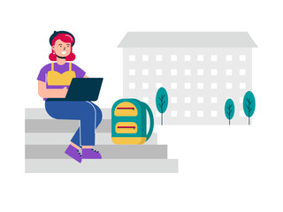 Female students are studying online in front of the campus. Campus illustrations. Flat vector illustration.