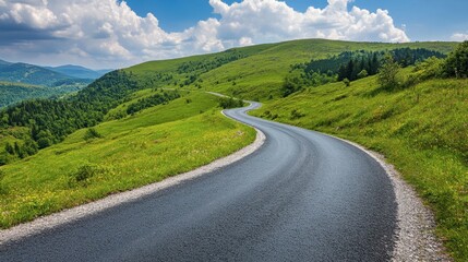 An asphalt road curving through green mountain terrain, with a clear sky and light, fluffy clouds on a bright, sunny day.
