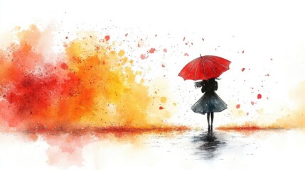 A minimal cartoon of a child twirling with an umbrella in the rain, soft watercolor strokes on a clean white background 