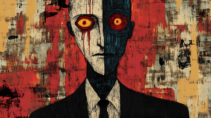 Evil man in a suit portrait. illustrated poster in art brut style. ai generative. Art Brut. Illustration