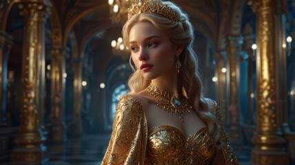 A beautiful young woman in a golden gown and tiara stands in a grand palace, looking over her shoulder.