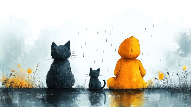 A minimal cartoon watercolor of a child and a cat sitting in the rain, zoomed out to show the open space and the falling raindrops, on a clean white background 