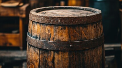 A close-up of a weathered wooden barrel, revealing the rich textures and character that enhance any rustic-themed setting