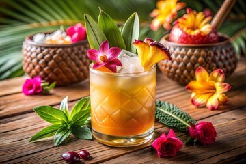 Close-up of tropical cocktail with flower garnish on wooden table