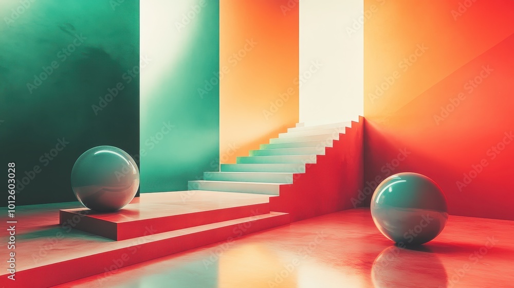 Poster generative ai illustration of colorful geometric shapes of smooth and shiny spheres on steps of squa