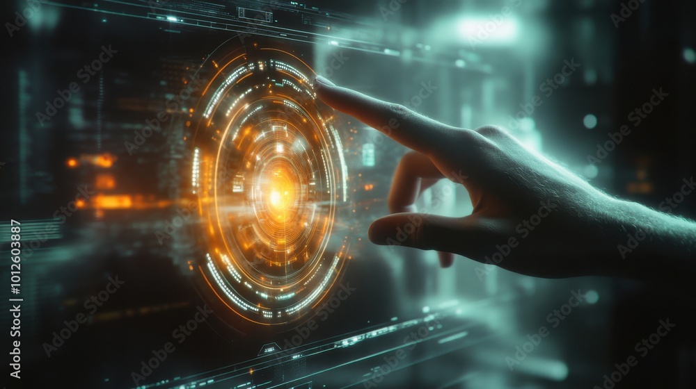 Aufkleber a closeup of a hand poised above a virtual screen with a circular diagram, representing the interact