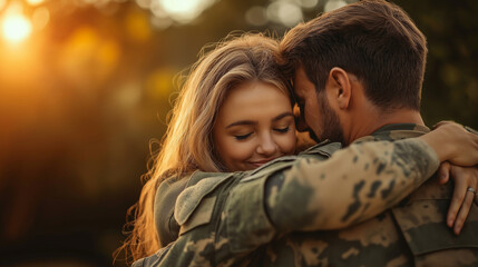 Fototapeta premium Veterans Family Reunion, depicting a warm family hug with a soldier, with copy space, Veterans Day