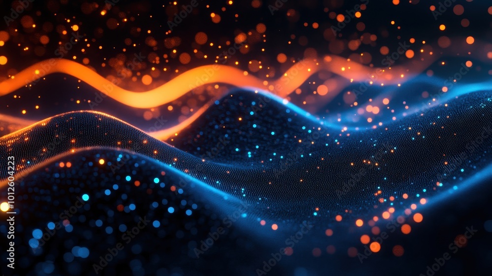 Poster abstract data flow with glowing blue and orange dots on a dark wave.