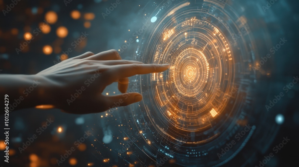 Aufkleber a closeup of a hand poised above a virtual screen with a circular diagram, representing the interact