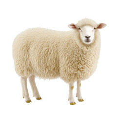 Naklejka premium Soft and fluffy sheep standing alone on a bright white background, emphasizing its gentle features and woolly coat.