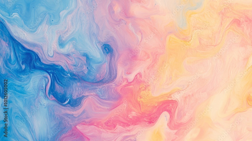 Poster light, colorful texture paint background with abstract swirls of soft pinks, blues, and yellows, cre