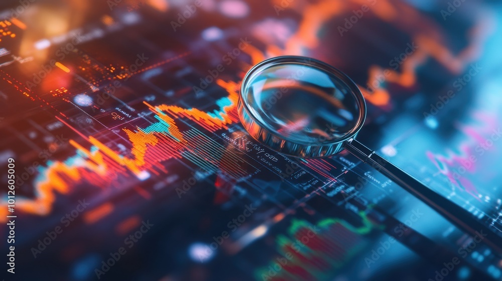 Poster a closeup of a magnifying glass analyzing economic charts and figures, symbolizing in-depth financia
