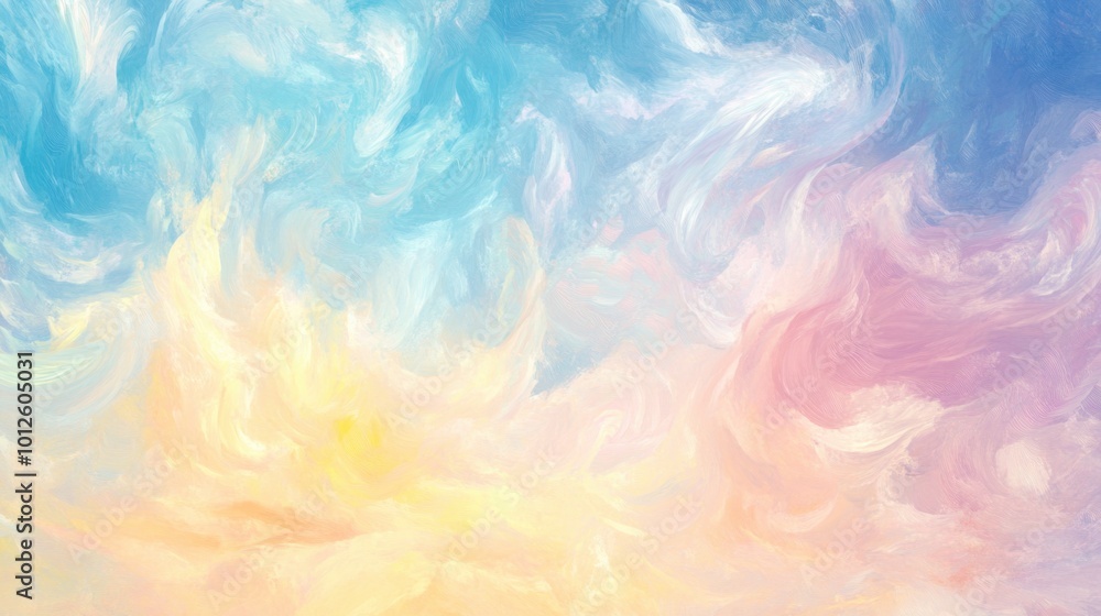Poster light, colorful texture paint background with abstract swirls of soft pinks, blues, and yellows, cre