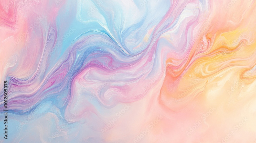 Poster light, colorful texture paint background with abstract swirls of soft pinks, blues, and yellows, cre