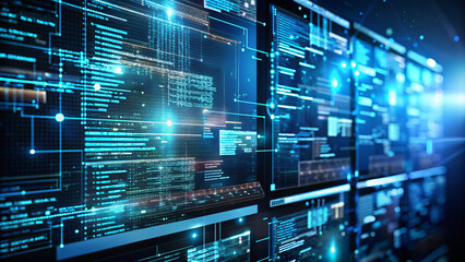 Abstract binary code background, a futuristic digital design for wallpaper, with glowing patterns and data grids representing the intersection of technology and space