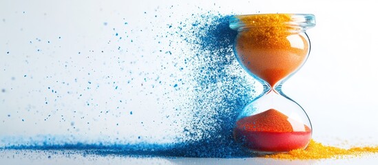 An hourglass with colorful sand spilling out, symbolizing the passage of time.
