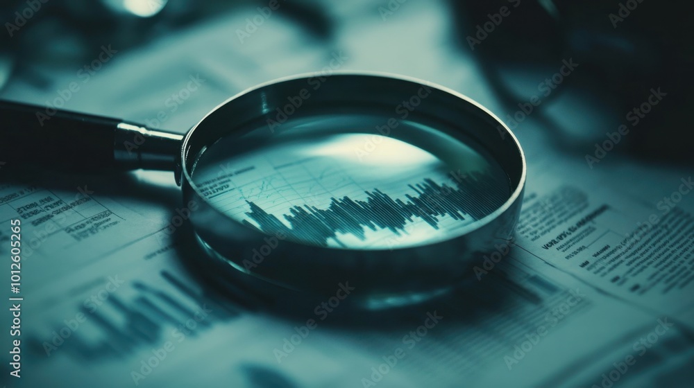 Poster a closeup of a magnifying glass analyzing economic charts and figures, symbolizing in-depth financia